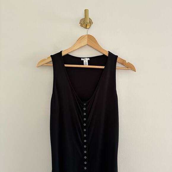 BP. Snap Front Sleeveless Ribbed Bodycon Scoop Neck Midi Tank Dress Black M - Picture 3 of 8